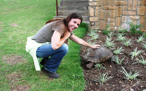 Heather with a tortoise at Walter Sisulu Botanical Garden