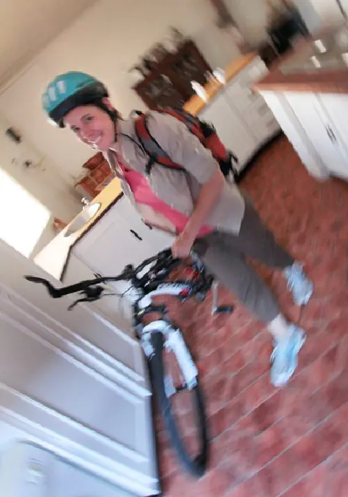Heather getting ready to cycle to work