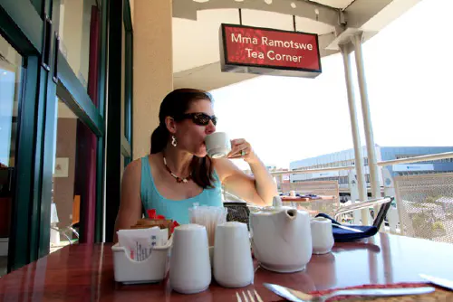 Heather having tea in Gaborone