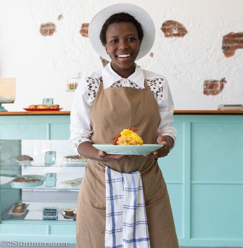 Thandeka of Sweet Tea and Chickadee serves American biscuits to grateful customers like me