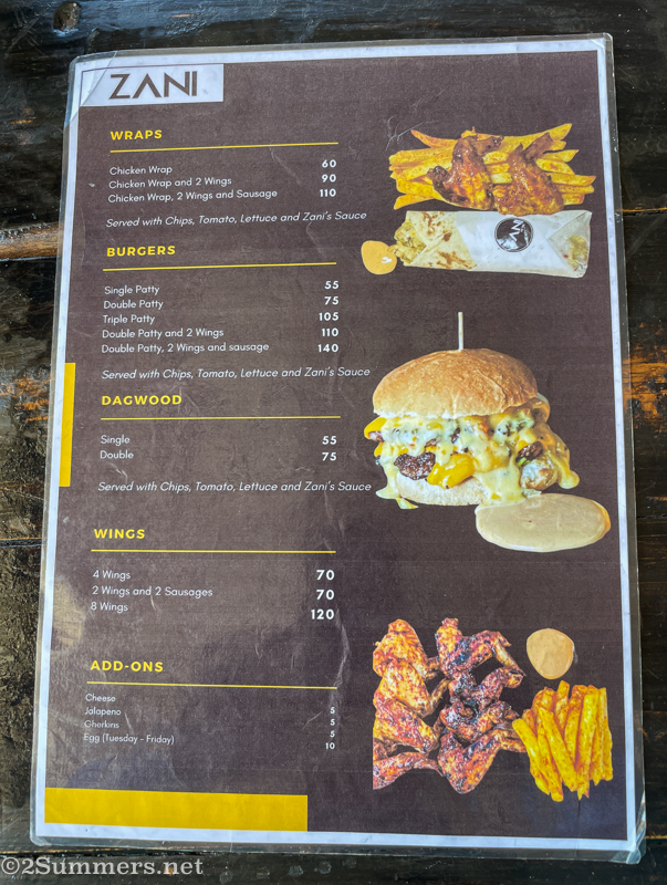 Zani’s food menu