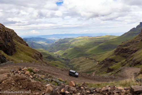 Greylene the Suzuki Jimny drives down Sani Pass.